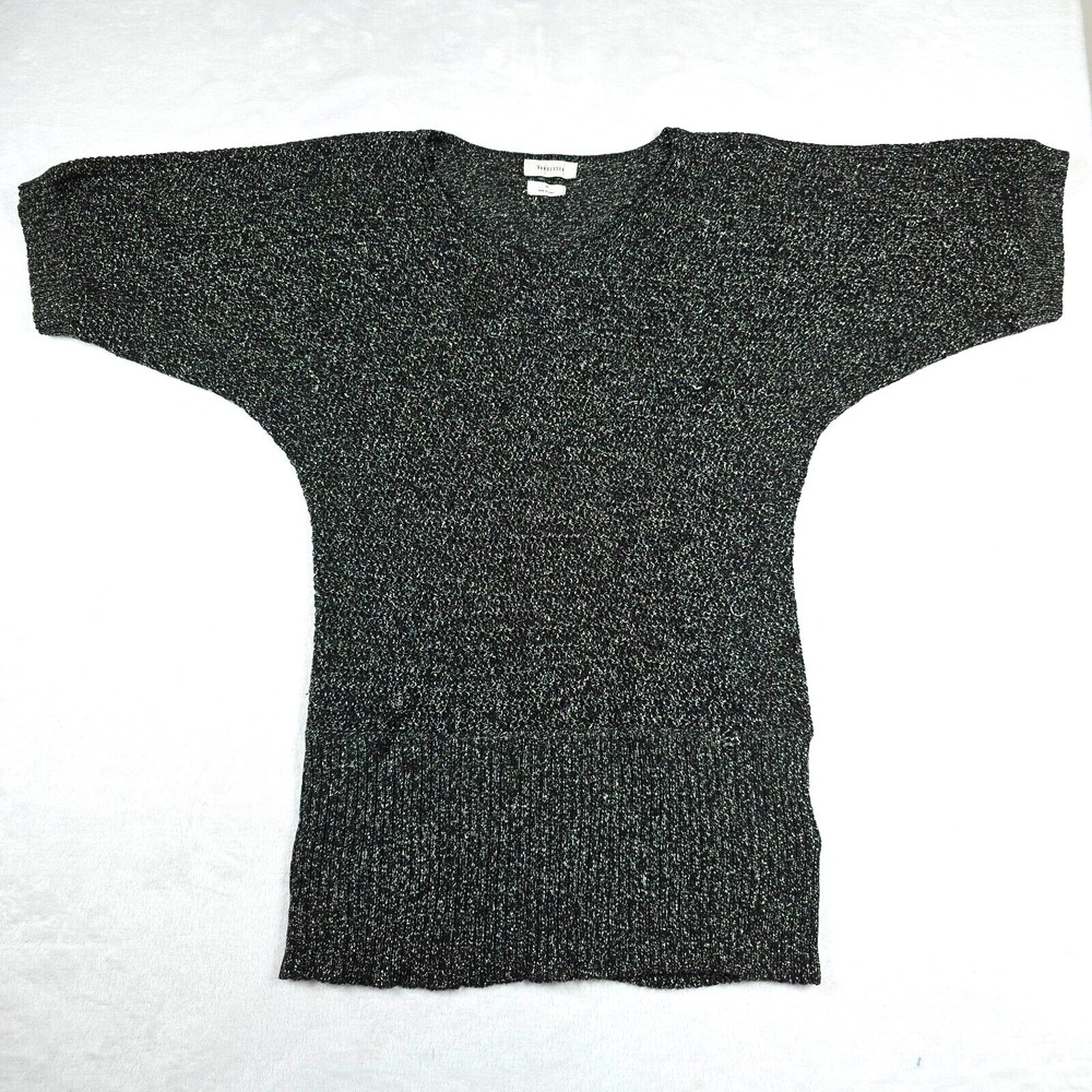 Van Heusen Women Medium Black Silver Metallic Marled Dolman Short Sleeve Sweater